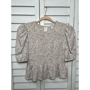 Express Polka Dot Puff Sleeve Linen Blend Smocked Peplum Top Women's Size Medium